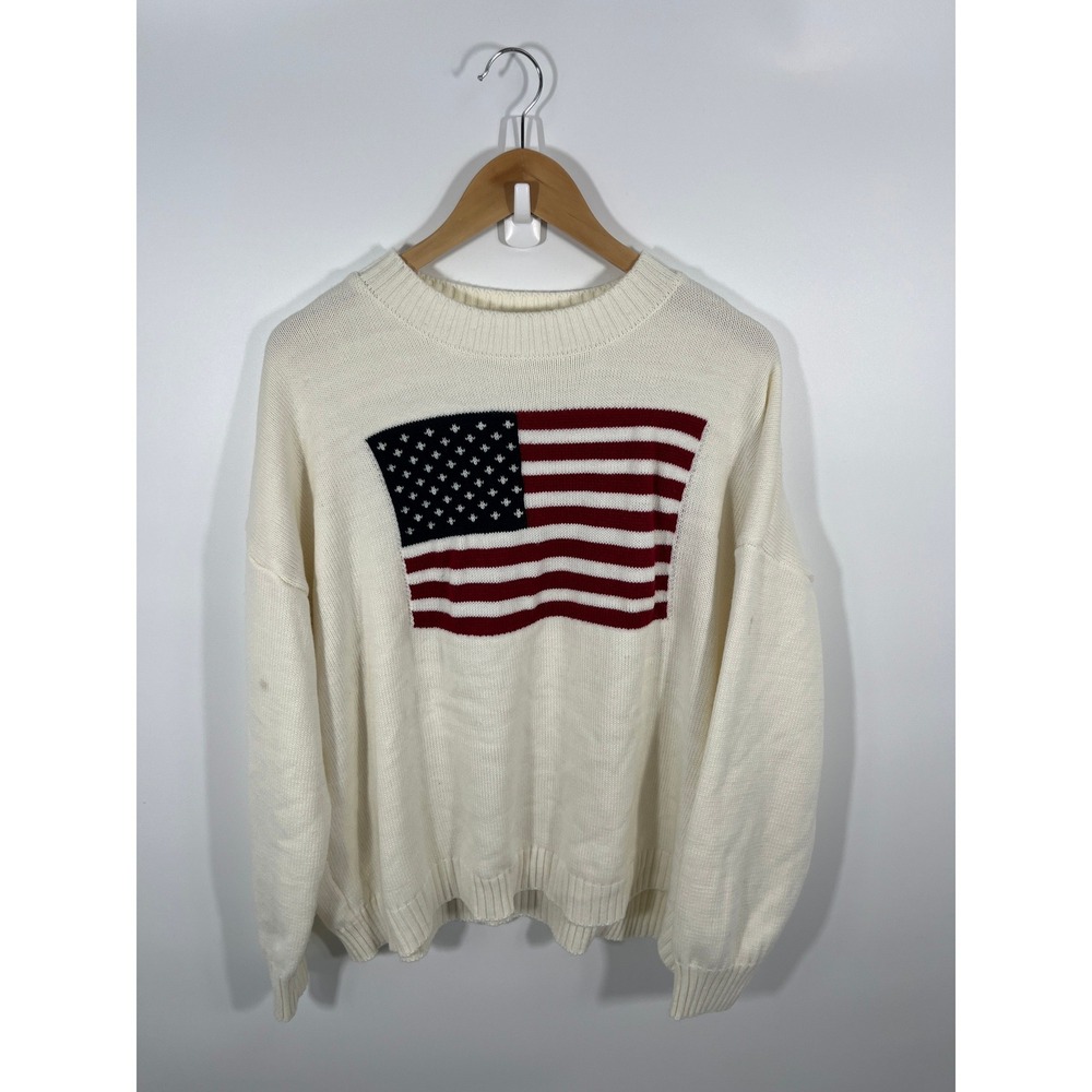 Womens American‎ Flag Sweater XL White New England Summer Fisherman Oversized